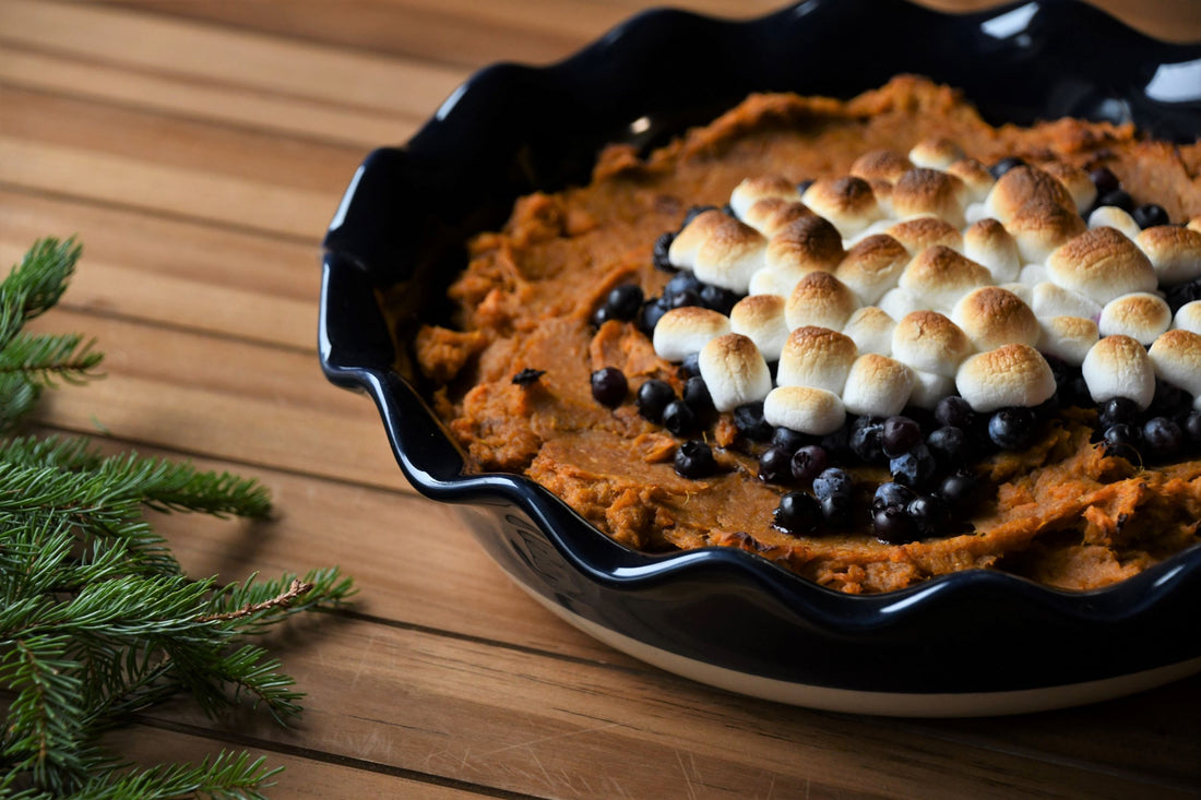 Sweet Potato Mash with Roasted Wild Blueberries and Toasted Marshmallows